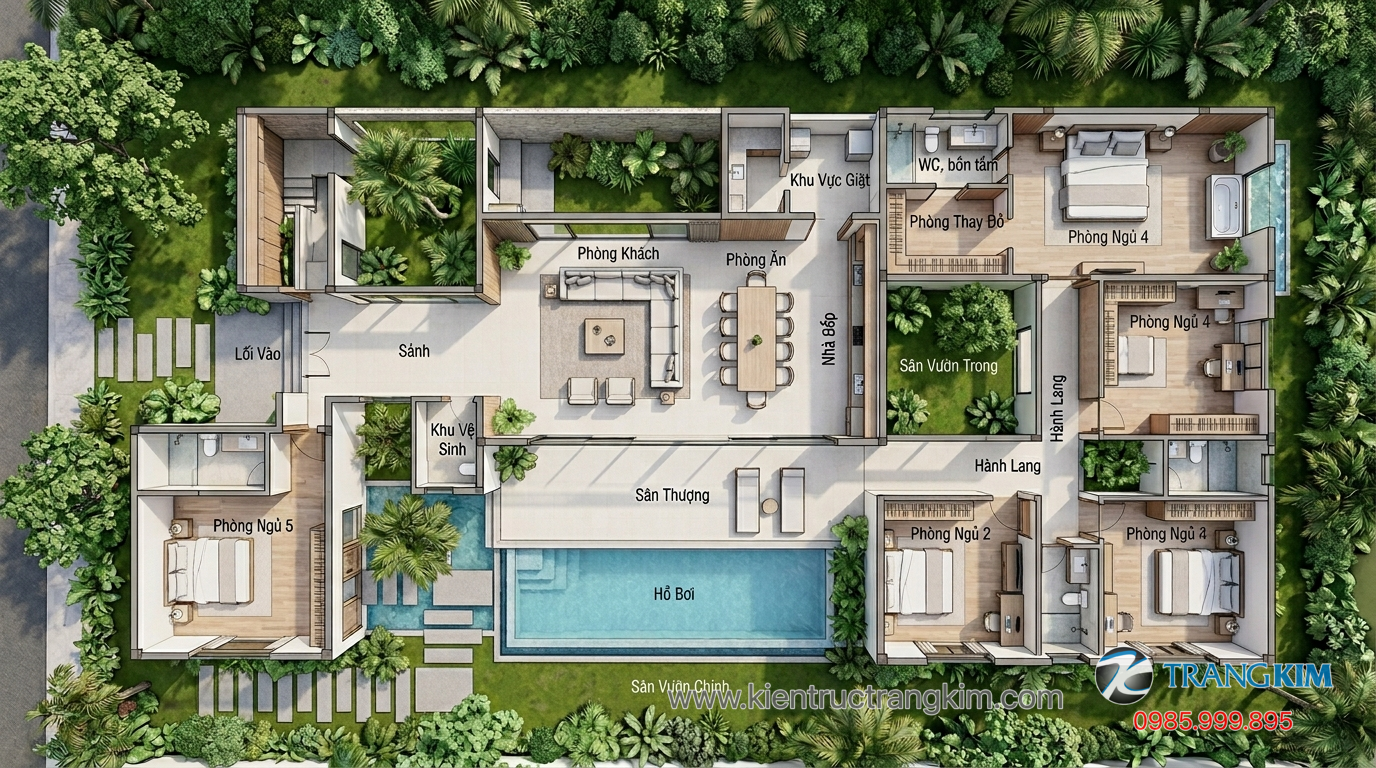 Ảnh minh hoạ: Mặt bằng biệt thự vườn 1 tầng 5 phòng ngủ phân khu rõ ràng