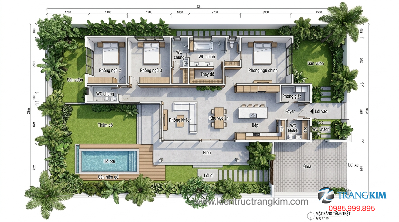 Ảnh minh hoạ: Mặt bằng bố trí công năng biệt thự vườn cấp 4 hiện đại