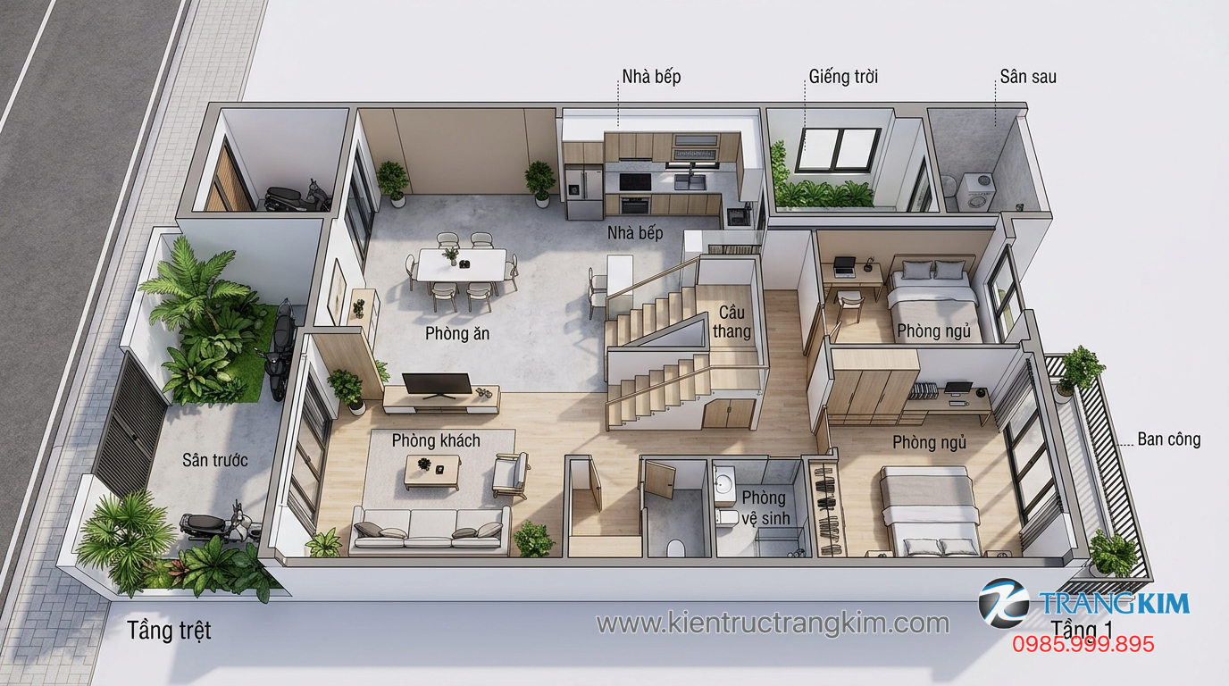 Lưu ý quan trọng khi thiết kế và thi công thực tế 1 Ảnh minh hoạ: mặt bằng bố trí nhà 2 tầng 100m2