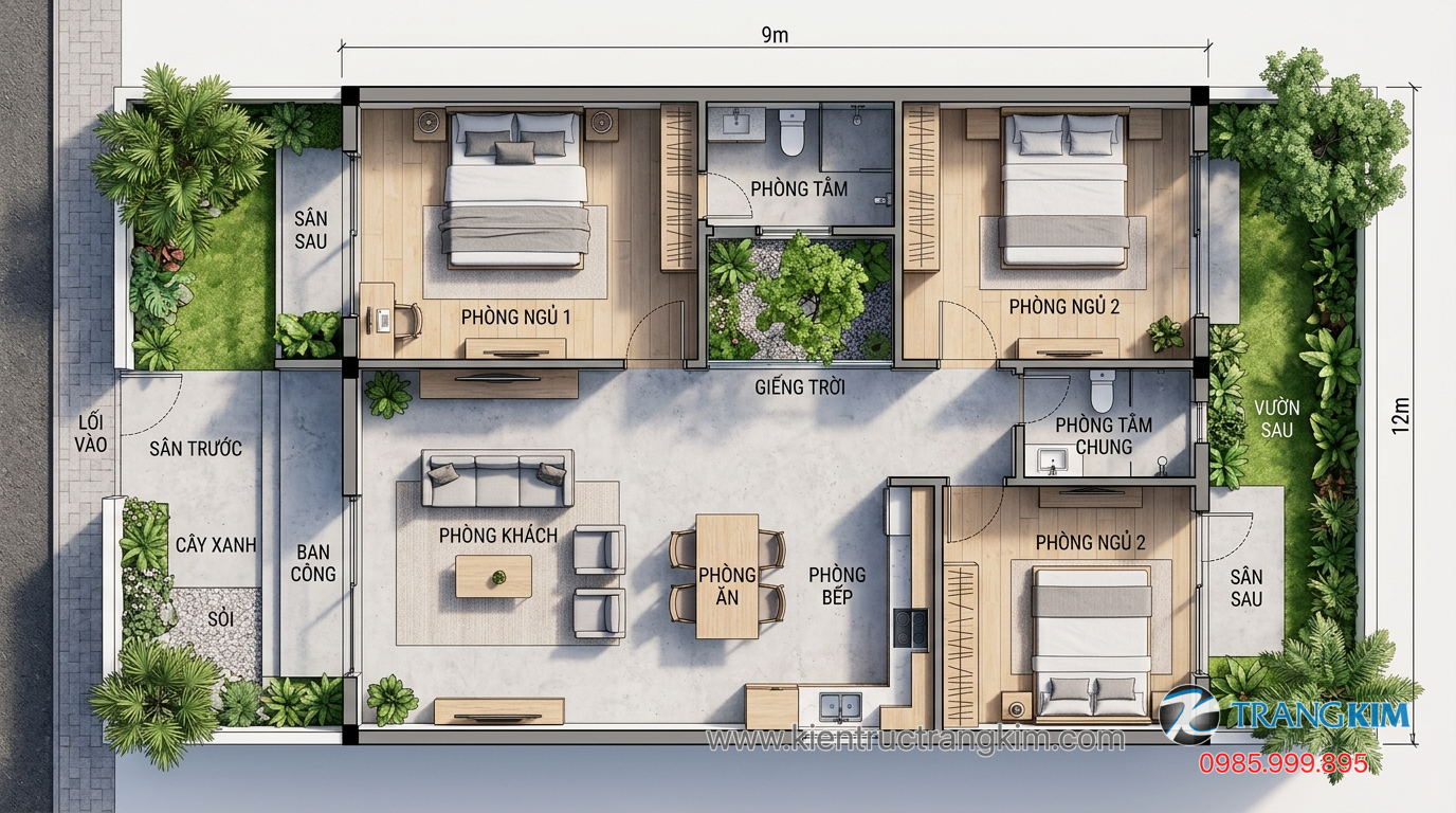 Ảnh minh hoạ: Mặt bằng công năng biệt thự mini 9x12m