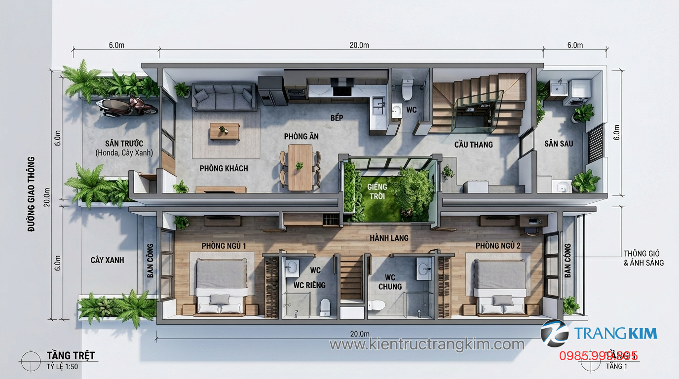 Ảnh minh hoạ: Mặt bằng công năng nhà 6x20m bố trí khoa học