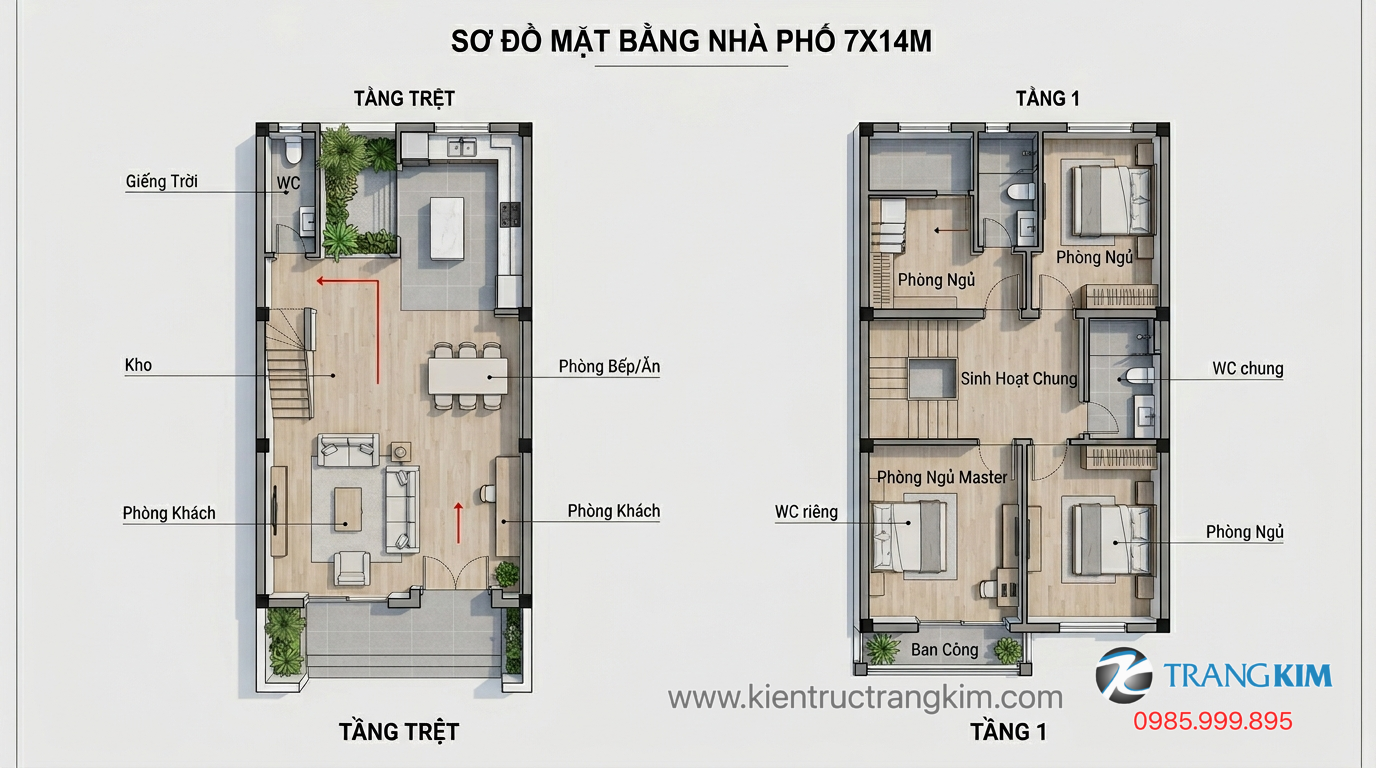 Tối ưu giao thông và kết nối các tầng 1 Ảnh minh hoạ: Mặt bằng công năng nhà 7x14m được bố trí khoa học