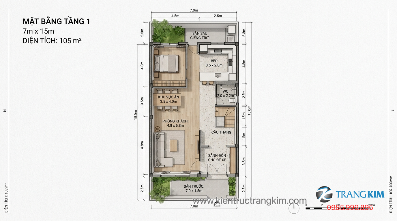 Ảnh minh hoạ: Mặt bằng công năng nhà 7x15m được bố trí hợp lý