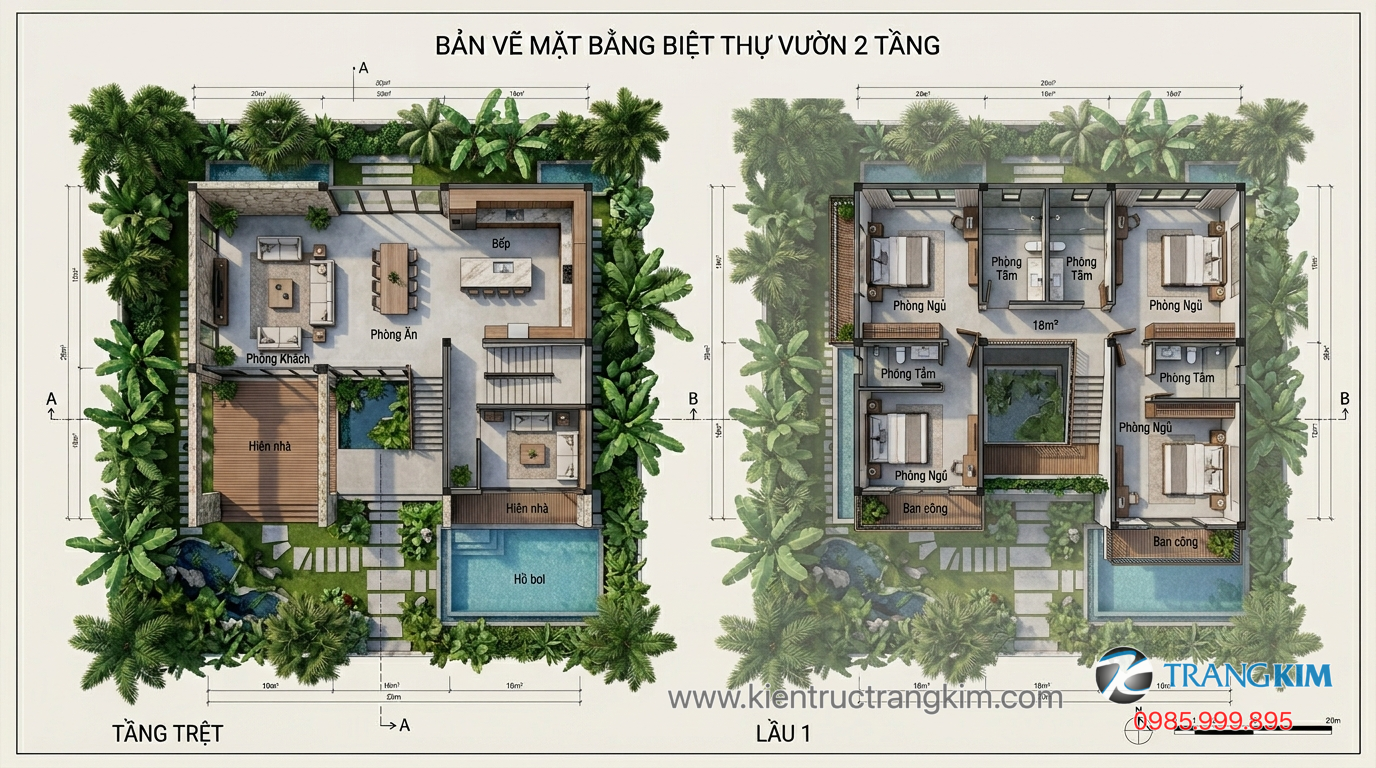 Ảnh minh hoạ: Mặt bằng công năng nhà biệt thự vườn 2 tầng