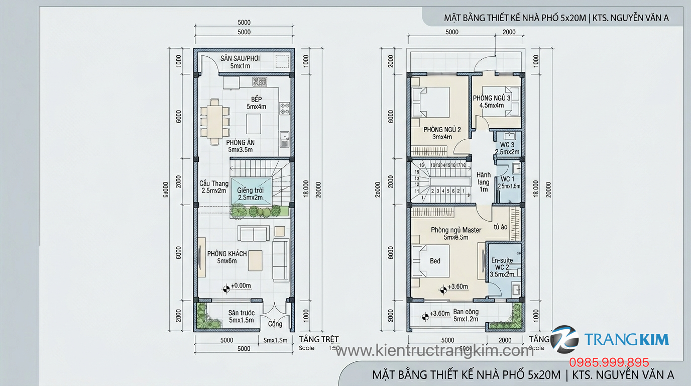 Mặt bằng nhà 5x20m 3 tầng cho gia đình đông người 1