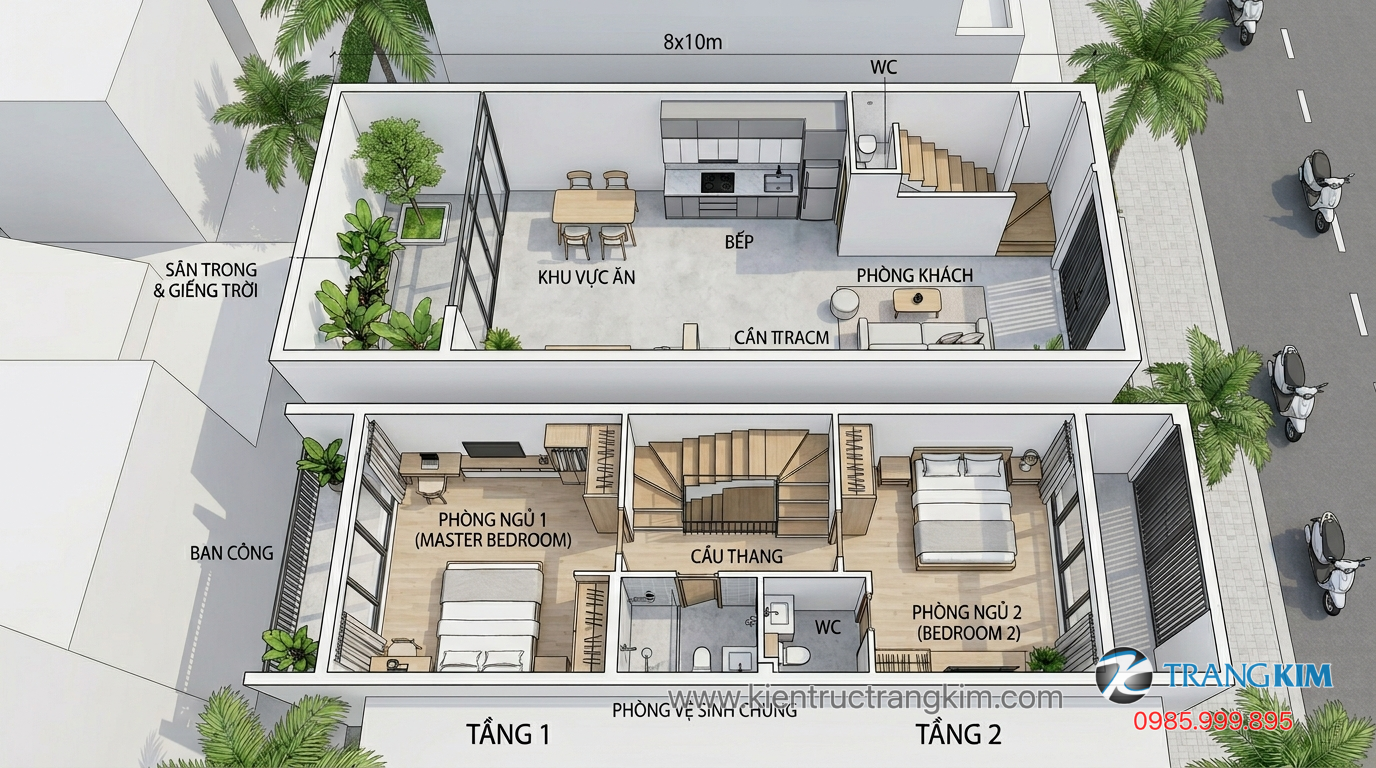 Mặt bằng nhà 8x10m 3 tầng cho gia đình đông người 1 Ảnh minh hoạ: mặt bằng nhà 8x10m 2 tầng hiện đại