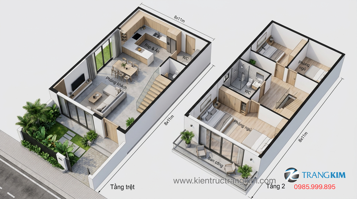 Ảnh minh hoạ: mặt bằng nhà 8x11m 2 tầng hiện đại