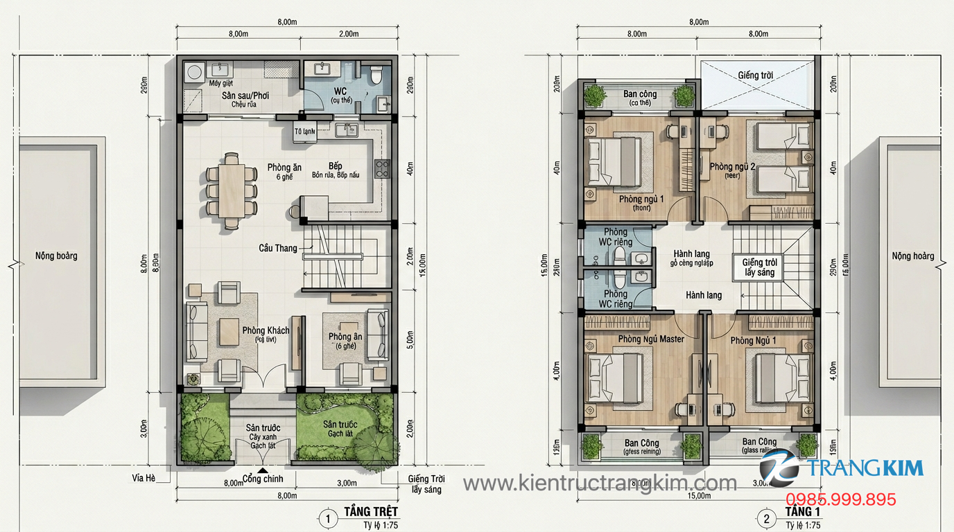 Phương án nhà 8x15m 3 tầng cho gia đình đông người 1 Ảnh minh hoạ: mặt bằng nhà 8x15m 2 tầng hiện đại