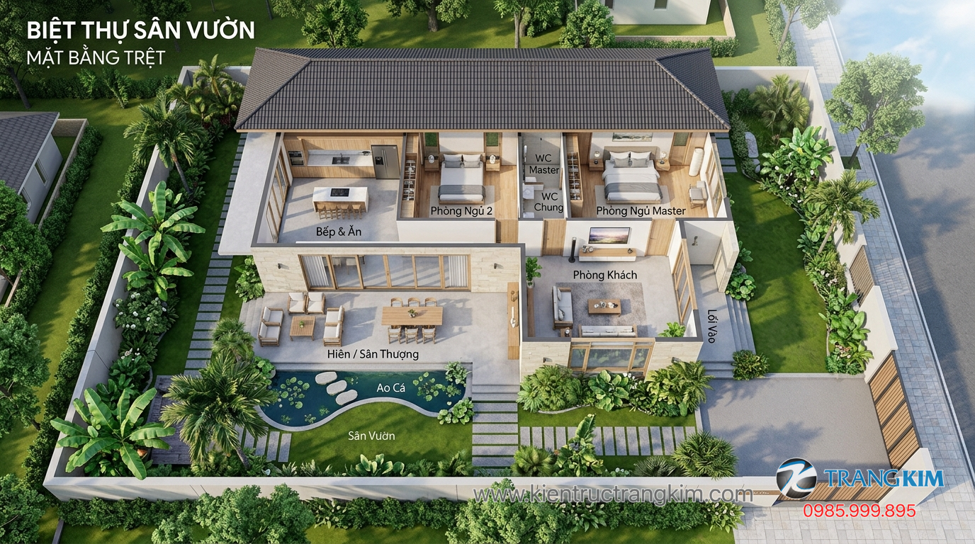 Lựa chọn phong cách kiến trúc phù hợp 1 Ảnh minh hoạ: mặt bằng thiết kế biệt thự 1 tầng sân vườn