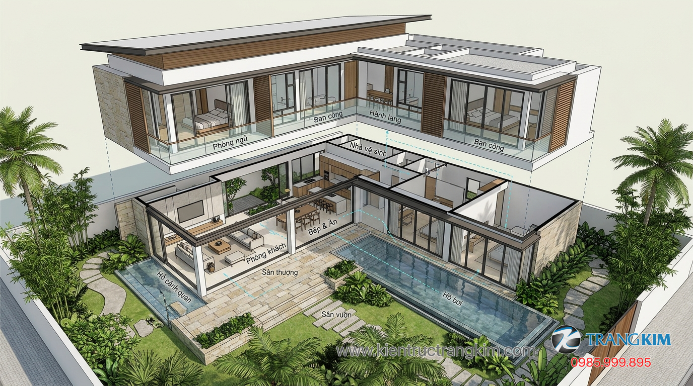 Ảnh minh hoạ: Mặt bằng và không gian biệt thự vườn 2 tầng tối ưu công năng