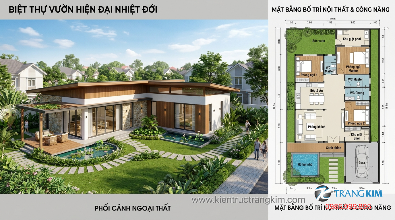 Ảnh minh hoạ: Mặt bằng và phối cảnh thiết kế biệt thự vườn 1 tầng tối ưu công năng