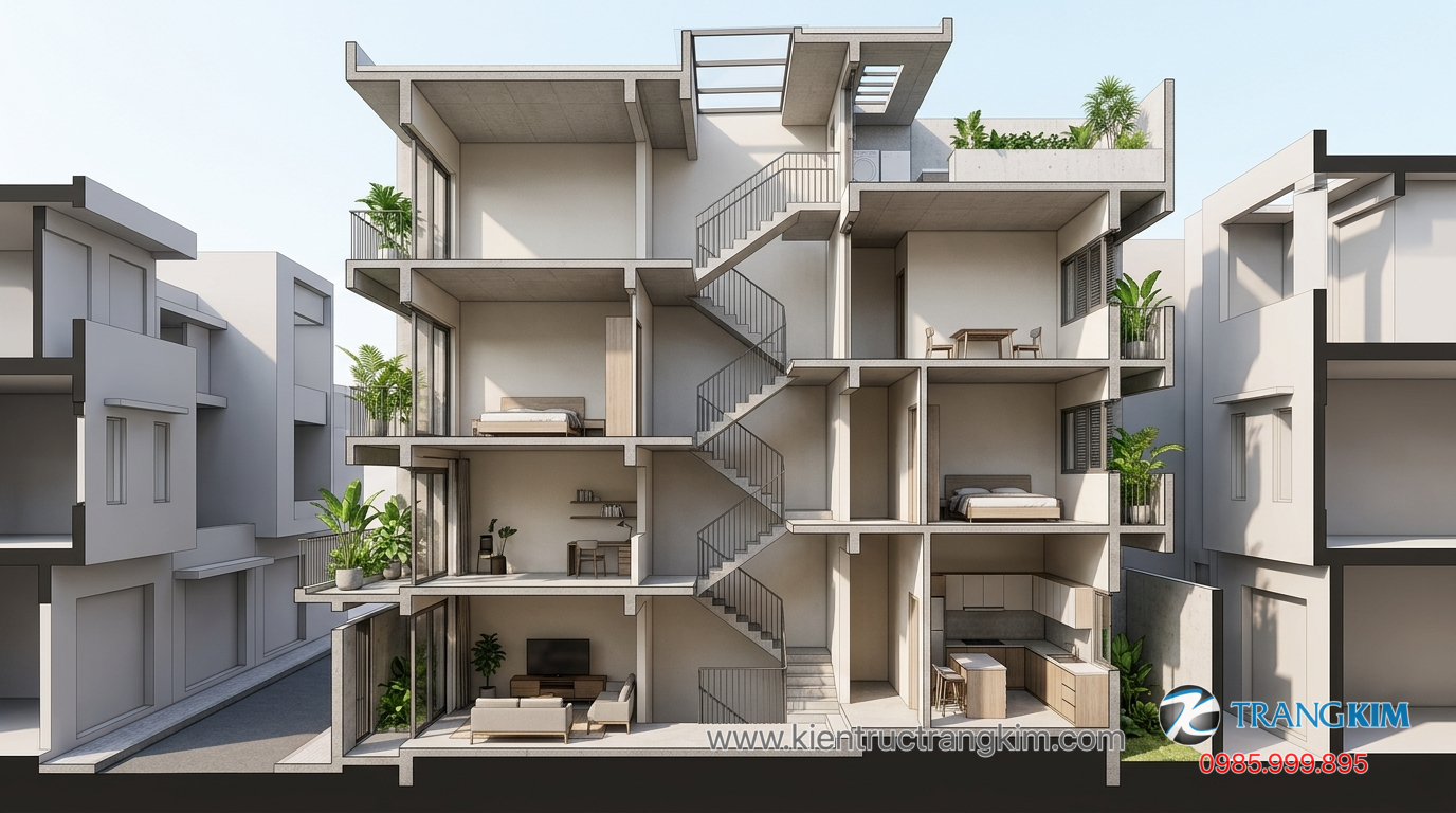 Ảnh minh hoạ: Mặt cắt nhà lệch tầng thể hiện các sàn chênh cao