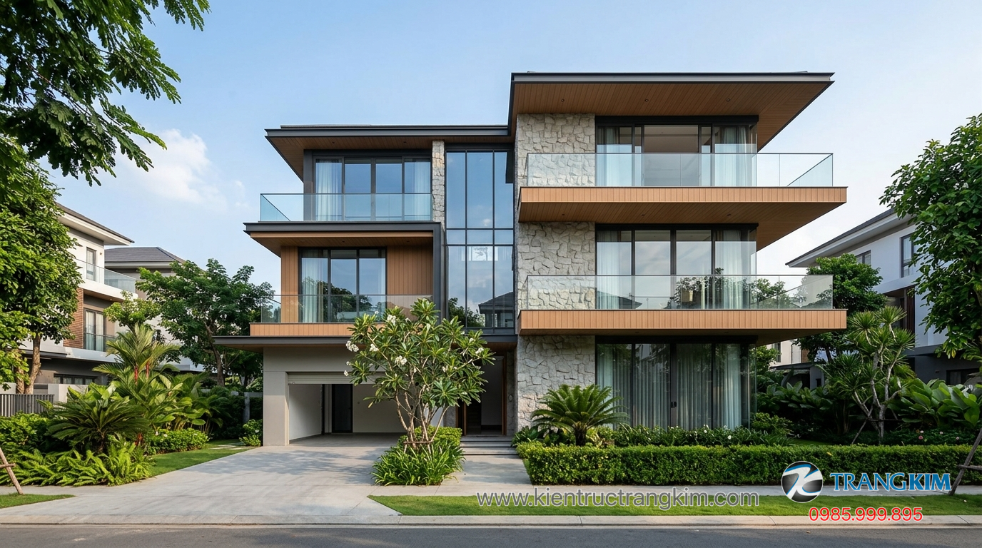 Ảnh minh hoạ: Mặt tiền biệt thự 3 tầng hiện đại với kính, đá và ban công rộng