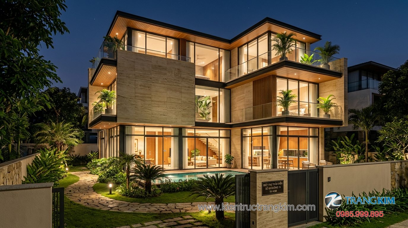Ảnh minh hoạ: Mặt tiền biệt thự 3 tầng hiện đại với kính và đá tự nhiên