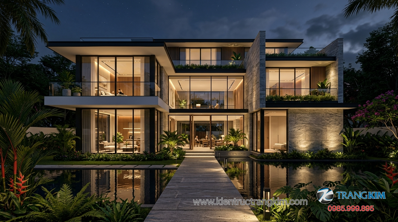 Ảnh minh hoạ: mặt tiền biệt thự hiện đại sử dụng kính và vật liệu đá