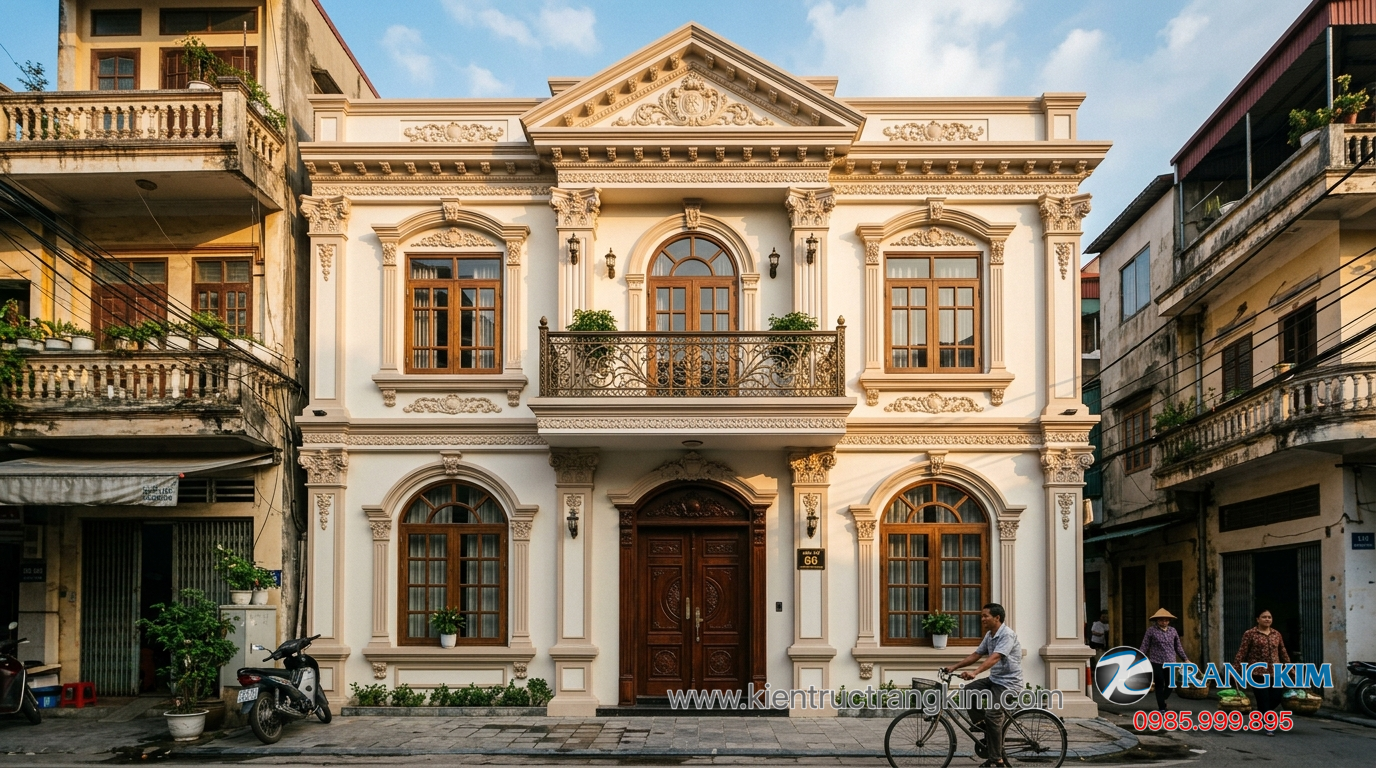 Lưu ý quan trọng trước khi thi công nhà tân cổ điển 1 Ảnh minh hoạ: mặt tiền nhà 2 tầng tân cổ điển với chi tiết phào chỉ