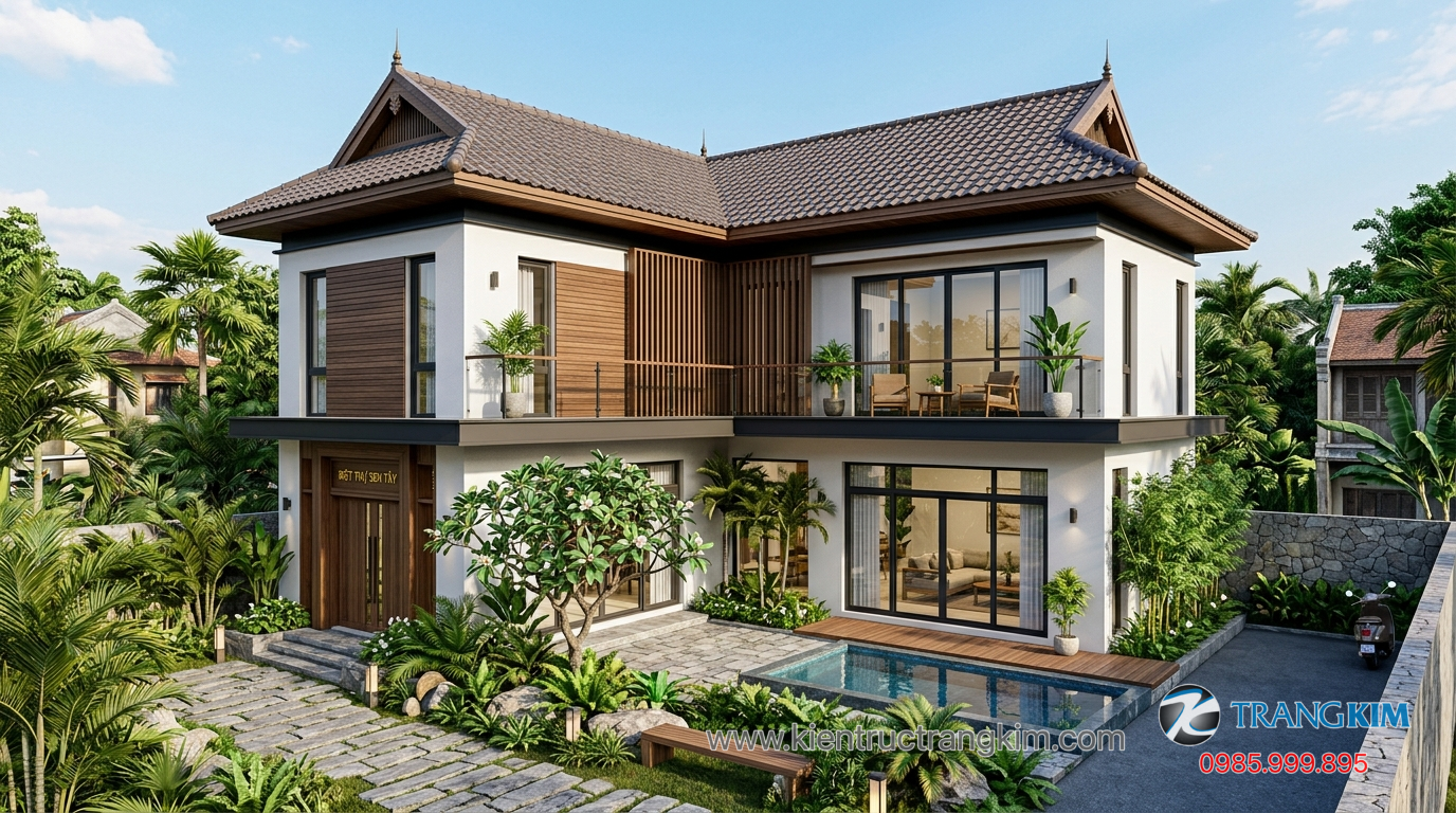 Ảnh minh hoạ: Mẫu biệt thự mini 2 tầng chữ L hiện đại kết hợp mái thái