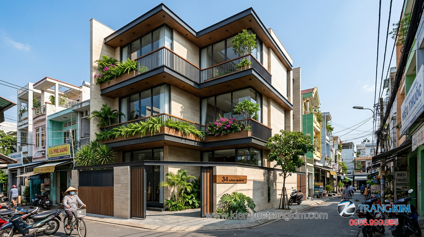 Ảnh minh hoạ: Mẫu biệt thự phố 3 tầng hiện đại với ban công và mặt tiền kính