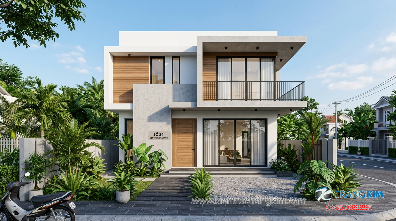 Kiểu nhà biệt thự mini 2 tầng 1 Ảnh minh hoạ: Mẫu nhà biệt thự mini 2 tầng hiện đại với hình khối rõ ràng