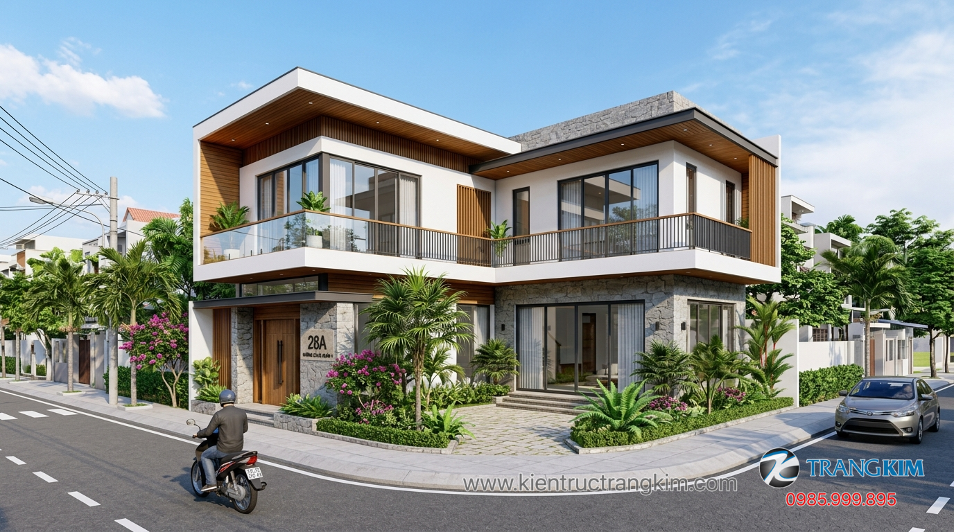 Khả năng tạo sân và không gian mở cho nhà ở 1 Ảnh minh hoạ: mẫu nhà chữ L 2 tầng hiện đại trên lô đất góc