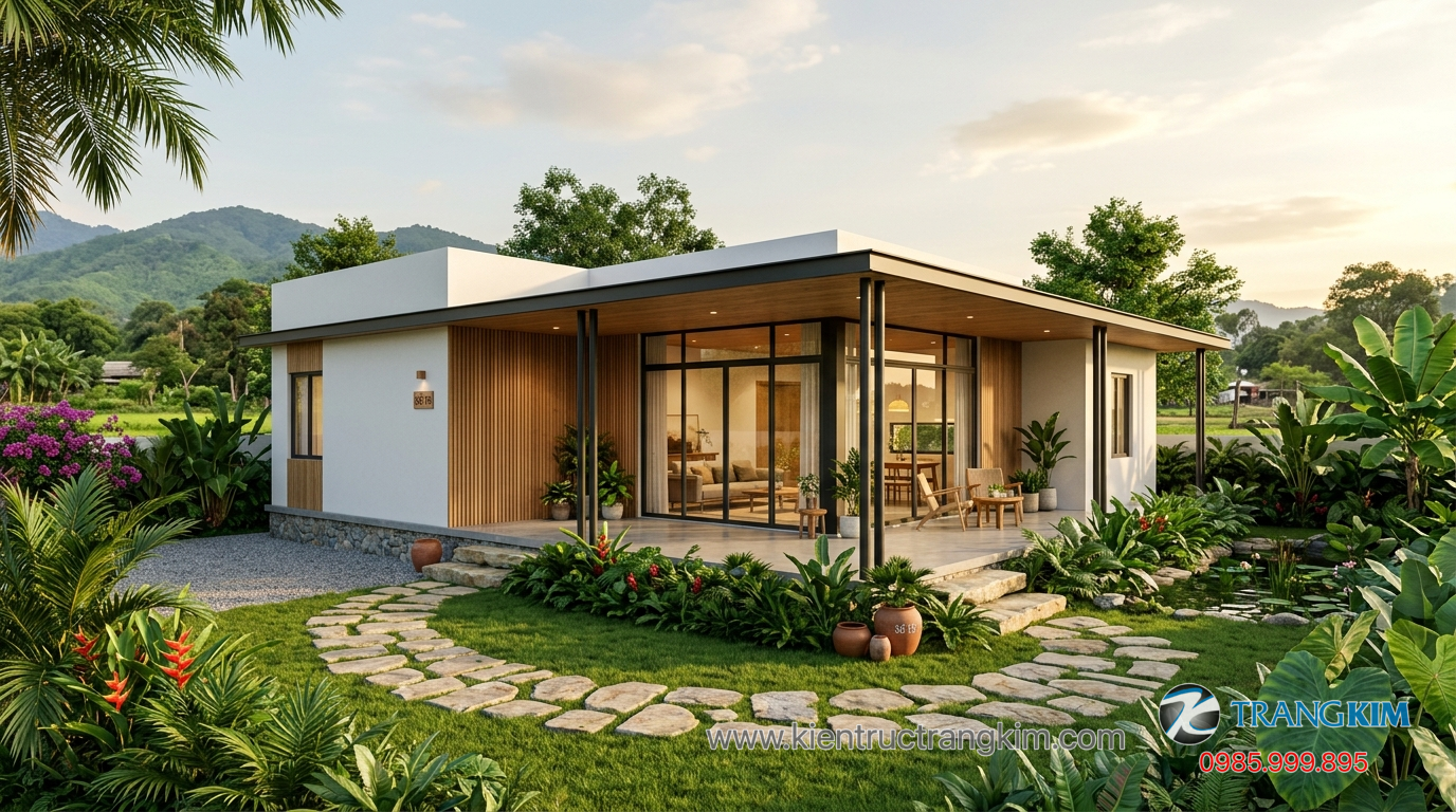 Chi phí xây dựng nhà 1 tầng so với nhà nhiều tầng 1 Ảnh minh hoạ: Mẫu nhà đẹp 1 tầng hiện đại kết hợp sân vườn tại nông thôn