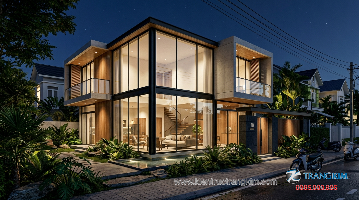 Ảnh minh hoạ: mẫu nhà hiện đại với kiến trúc mở và vật liệu kính