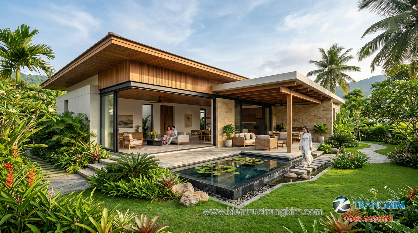 Ảnh minh hoạ: Nhà biệt thự vườn 1 tầng với sân vườn xanh mát và thiết kế mở