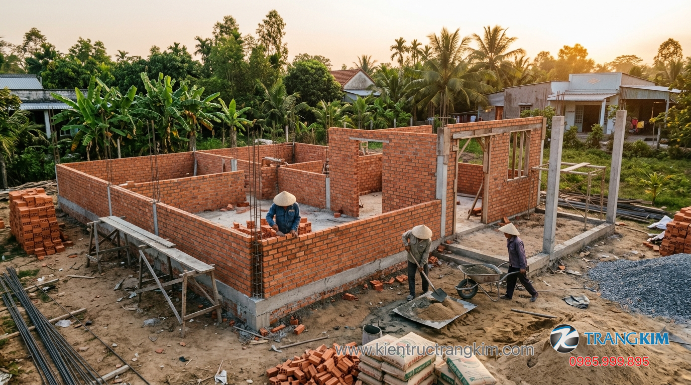 Ảnh minh hoạ: Nhà cấp 4 3 phòng ngủ đang thi công phần móng và tường