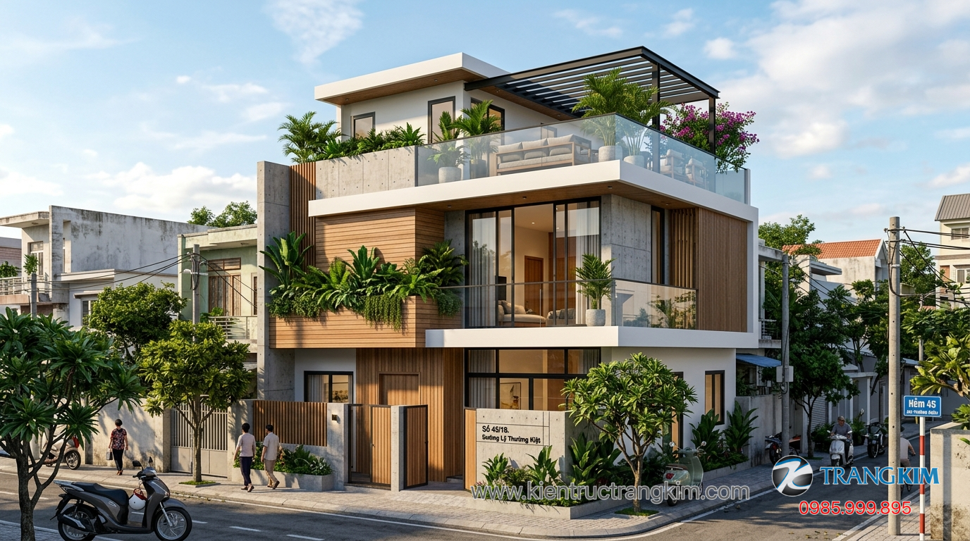 Chi phí xây nhà 2 tầng 1 tum phổ biến 1 Ảnh minh hoạ: Nhà phố 2 tầng 1 tum hiện đại với sân thượng