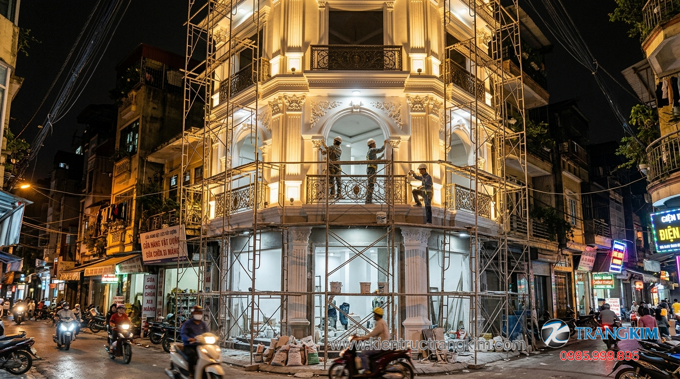Ảnh minh hoạ: Quá trình thi công hoàn thiện mặt tiền nhà tân cổ điển