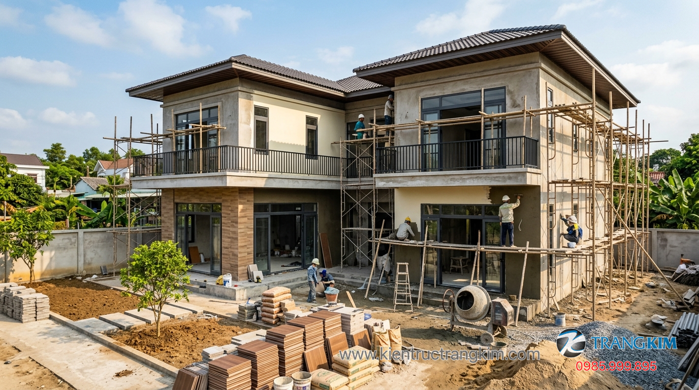 Ảnh minh hoạ: Quá trình thi công hoàn thiện nhà 2 tầng diện tích lớn