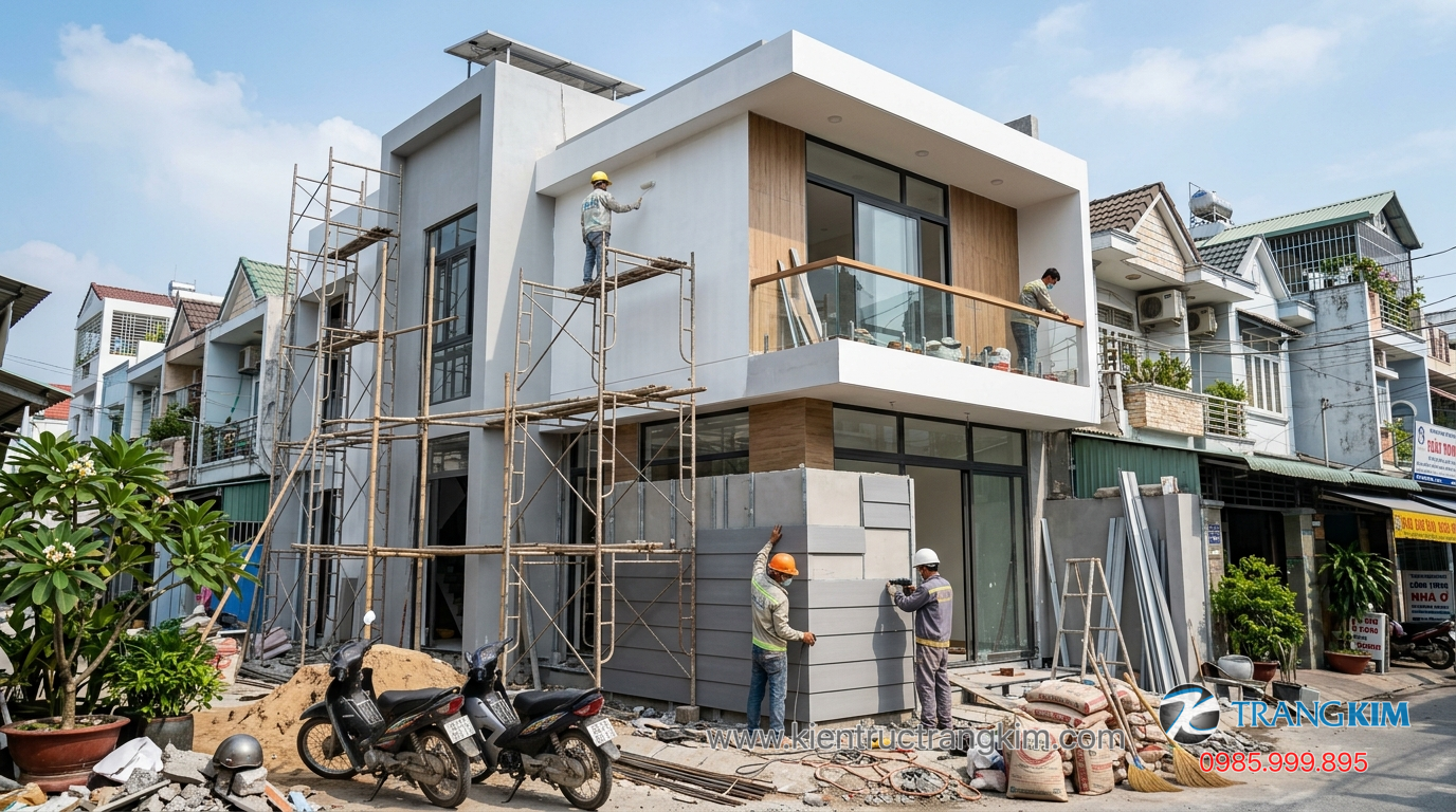 Ảnh minh hoạ: Quá trình thi công hoàn thiện nhà 2 tầng