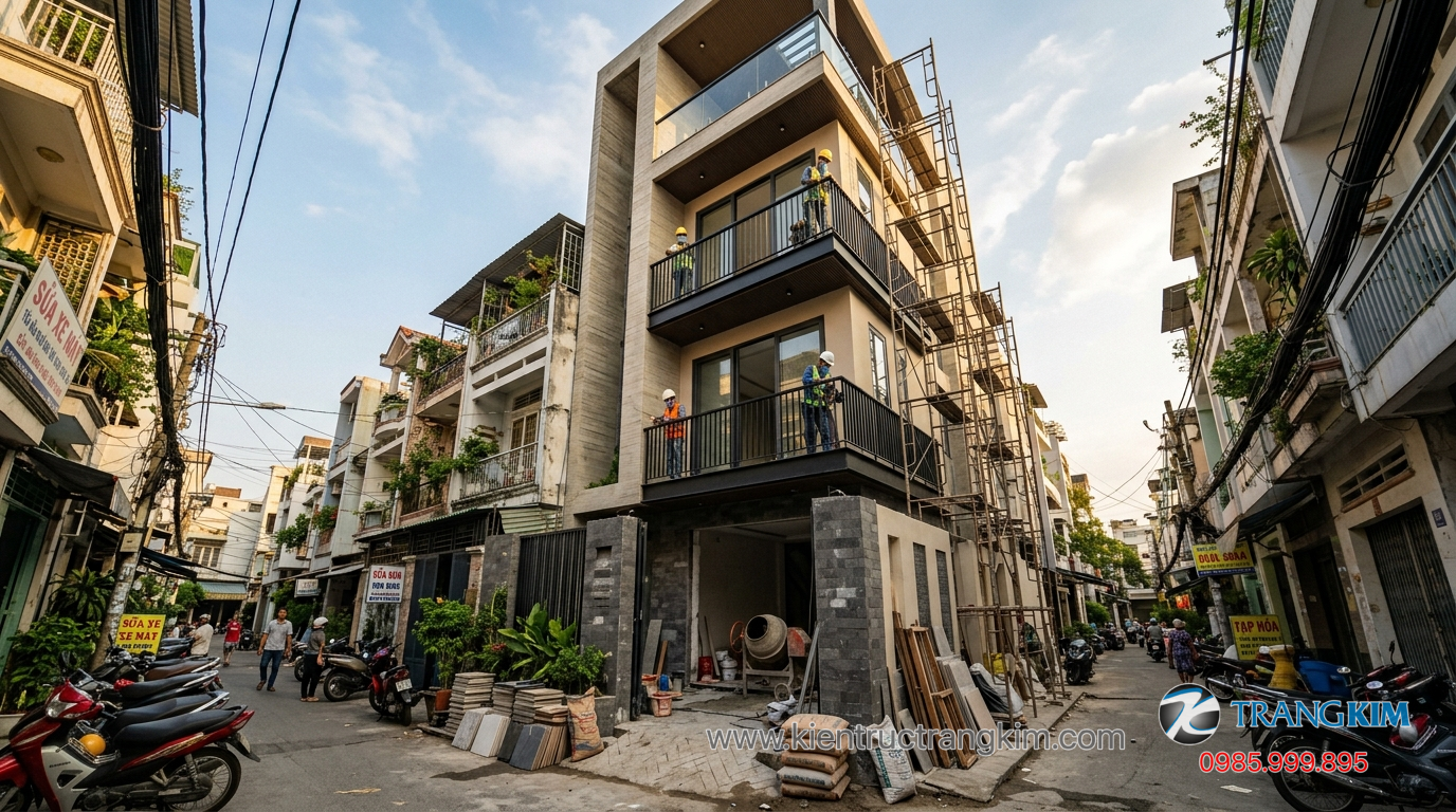 Ảnh minh hoạ: Quá trình thi công hoàn thiện nhà phố mặt tiền 5m