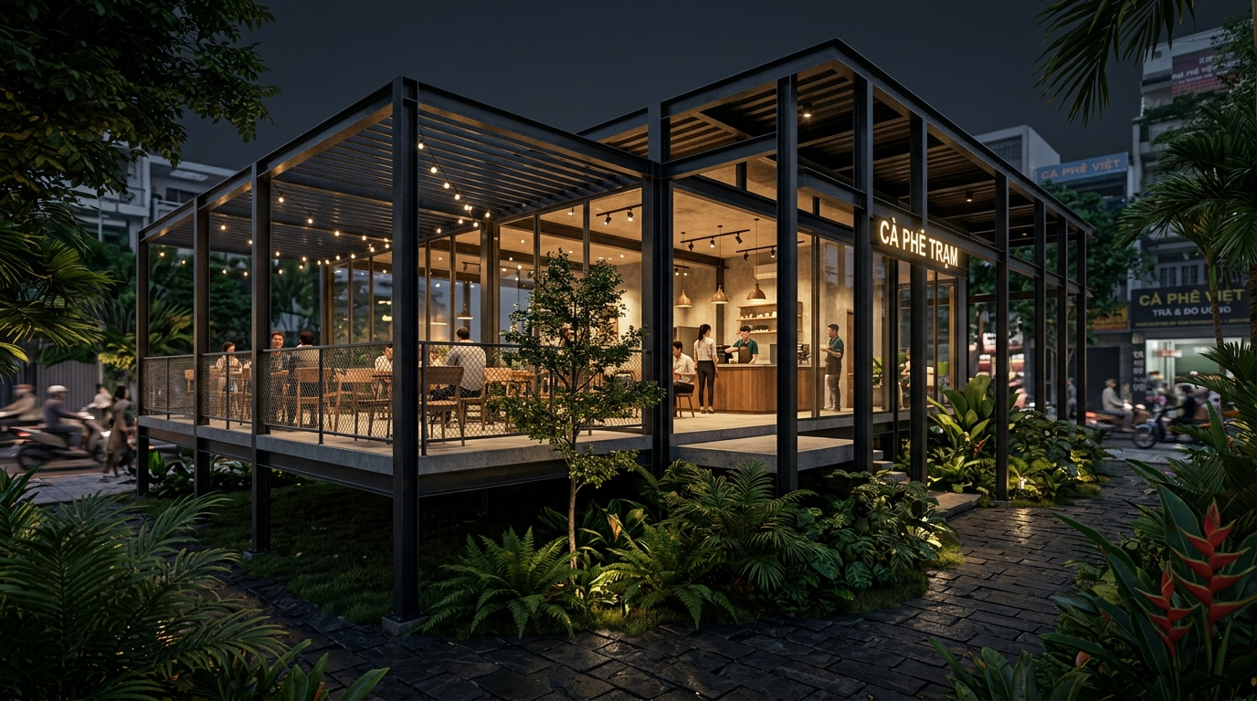 Ưu điểm của mô hình khung thép tiền chế 1 Ảnh minh hoạ quán cafe khung thép tiền chế phong cách hiện đại