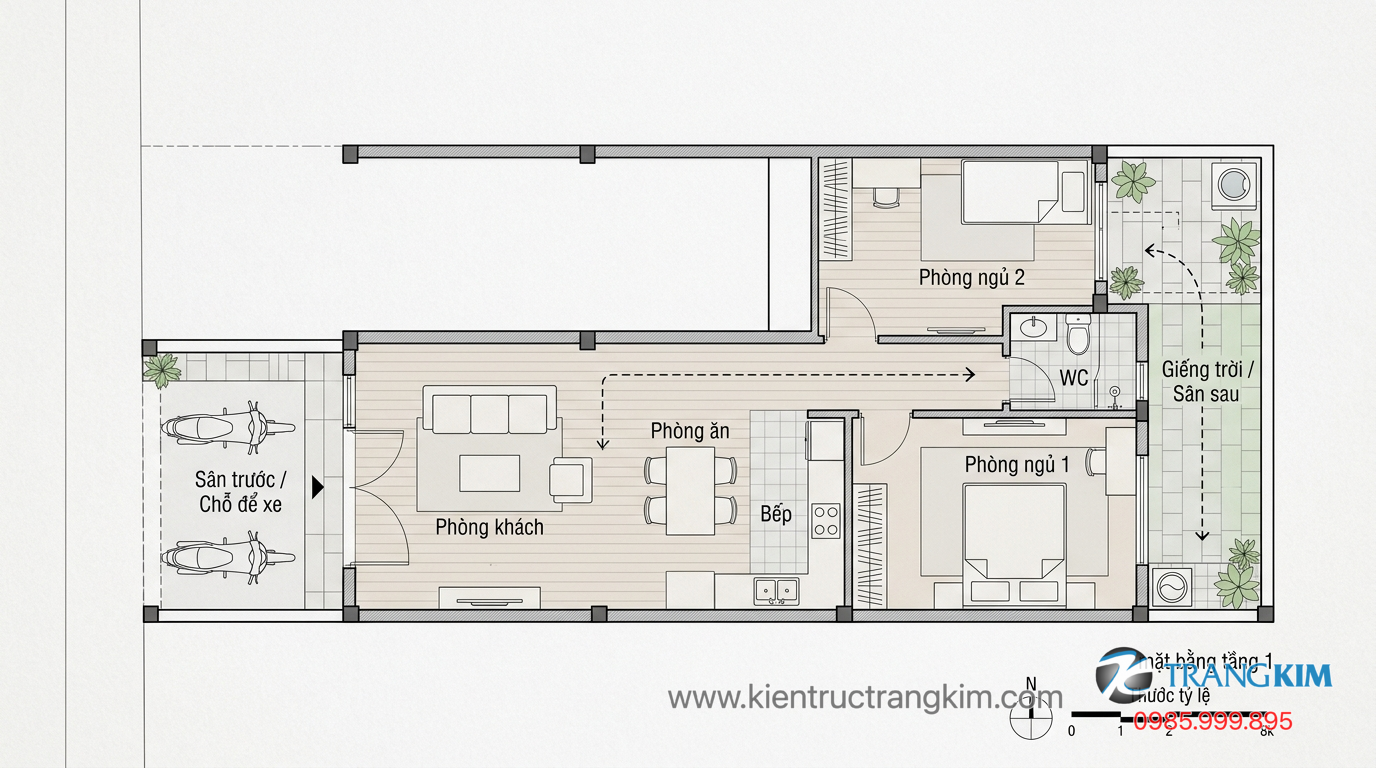 Tối ưu chi phí xây dựng nhưng vẫn đảm bảo thẩm mỹ 1 Ảnh minh hoạ: sơ đồ bố trí công năng nhà ống 1 tầng