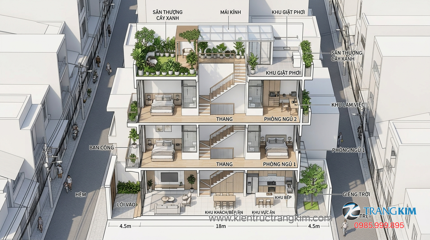 Tối ưu chi phí xây dựng nhà phố 1 Ảnh minh hoạ: sơ đồ bố trí công năng nhà phố