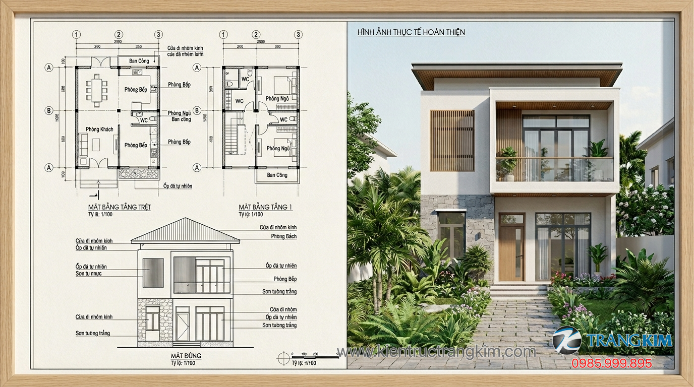 Ảnh minh hoạ: So sánh bản vẽ thiết kế riêng và hình ảnh mẫu tham khảo biệt thự mini