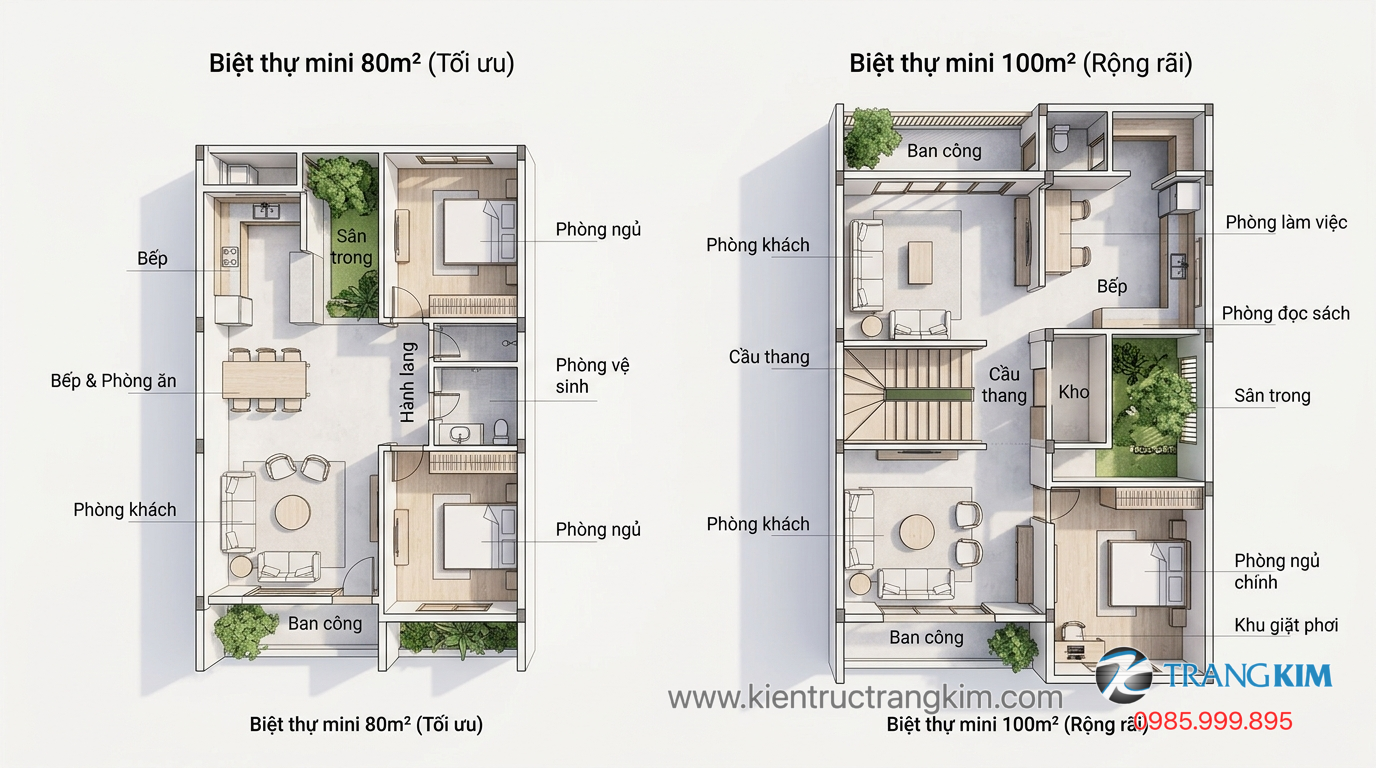 Lợi thế của biệt thự mini 100m2 1 Ảnh minh hoạ: So sánh biệt thự mini 80m2 và biệt thự mini 100m2 qua mặt bằng