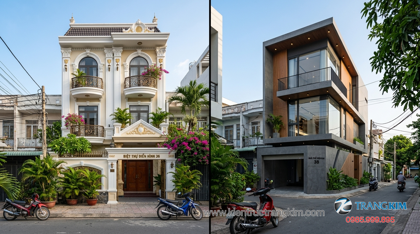 Ảnh minh hoạ: So sánh biệt thự mini tân cổ điển và hiện đại qua mặt tiền