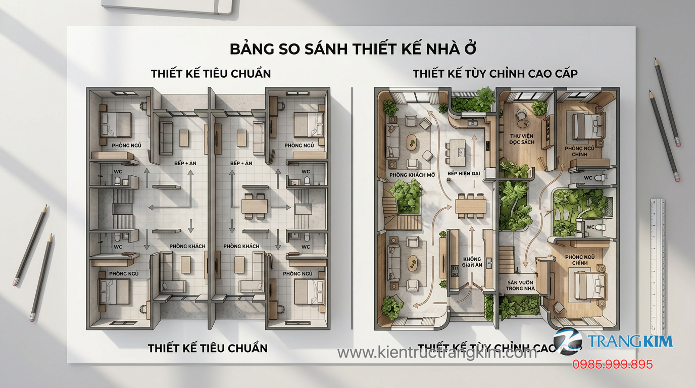Ảnh minh hoạ: So sánh mặt bằng thiết kế có sẵn và thiết kế riêng