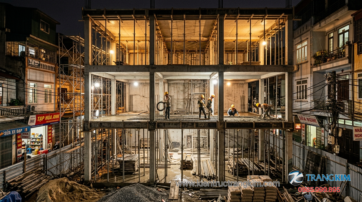 Ảnh minh hoạ: Thi công kết cấu phần thô nhà 3 tầng với hệ cột, dầm và sàn bê tông