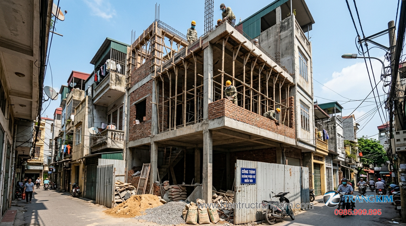 Ảnh minh hoạ: Thi công phần thô nhà phố nhỏ 3 tầng