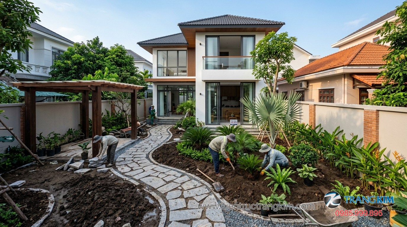 Ảnh minh hoạ: Thi công sân vườn biệt thự mini thực tế với cây xanh hài hòa