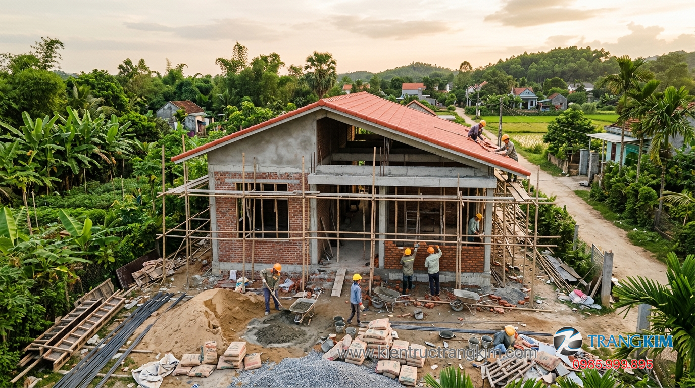 Ảnh minh hoạ: Thi công thực tế nhà biệt thự vườn cấp 4 nông thôn