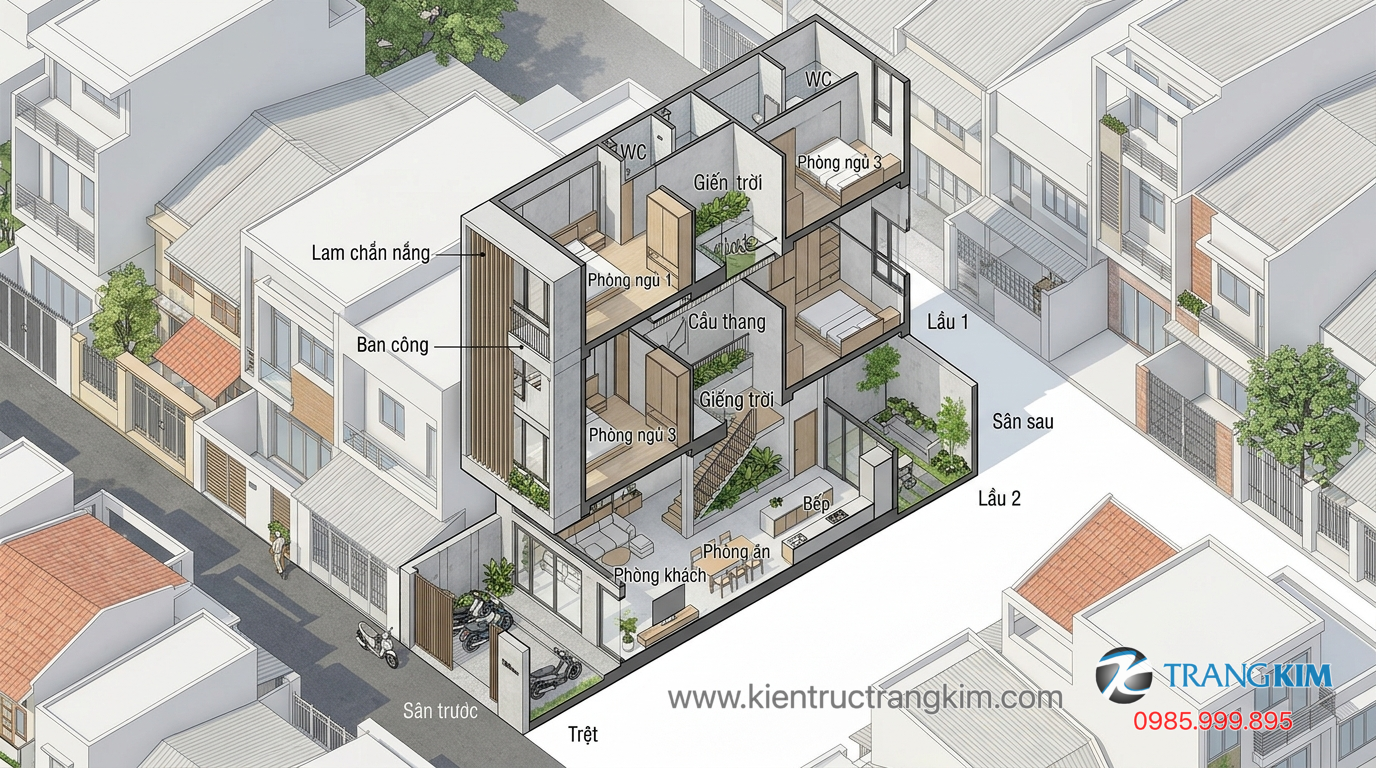 Ảnh minh hoạ: thiết kế mặt bằng nhà 5x15m tối ưu công năng