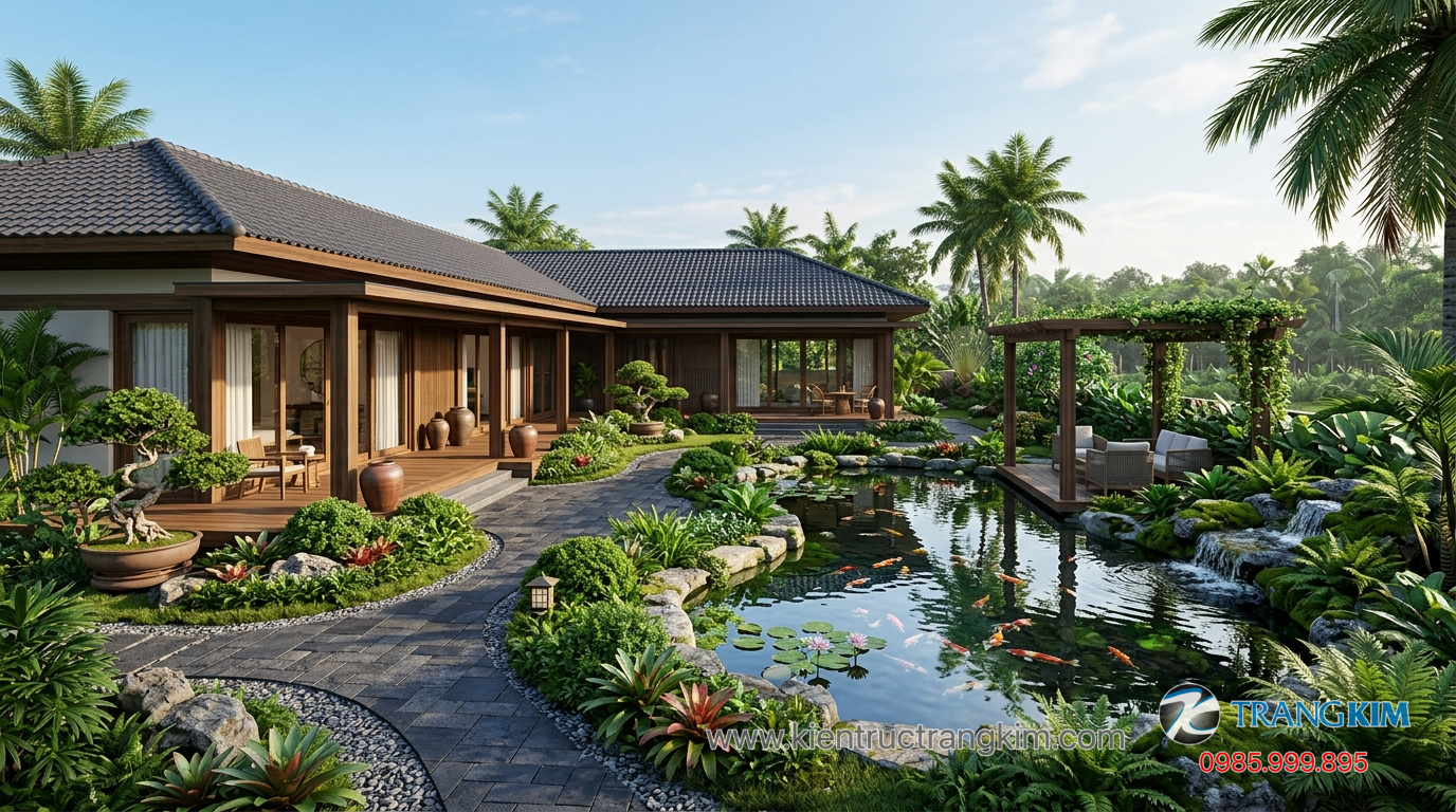 Ảnh minh hoạ: Thiết kế sân vườn biệt thự 1 tầng với tiểu cảnh và hồ nước