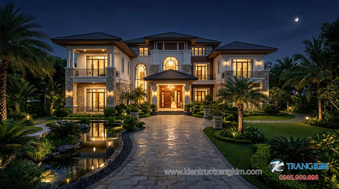 Ảnh minh hoạ: Tổng thể một công trình biệt thự với sân vườn rộng và kiến trúc sang trọng